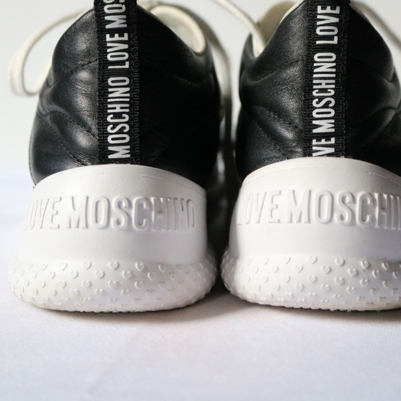 Love Moschino Black Leather Sneakers Running Shoes Heart Lace Up Women's 8 - Picture 4 of 11